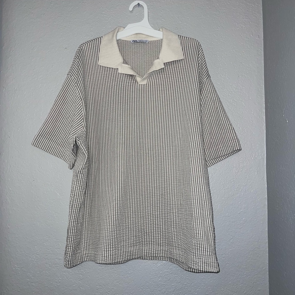 Zara Women White Gray Stripe Relax Loose Fit Collard Tunic Top Shirt